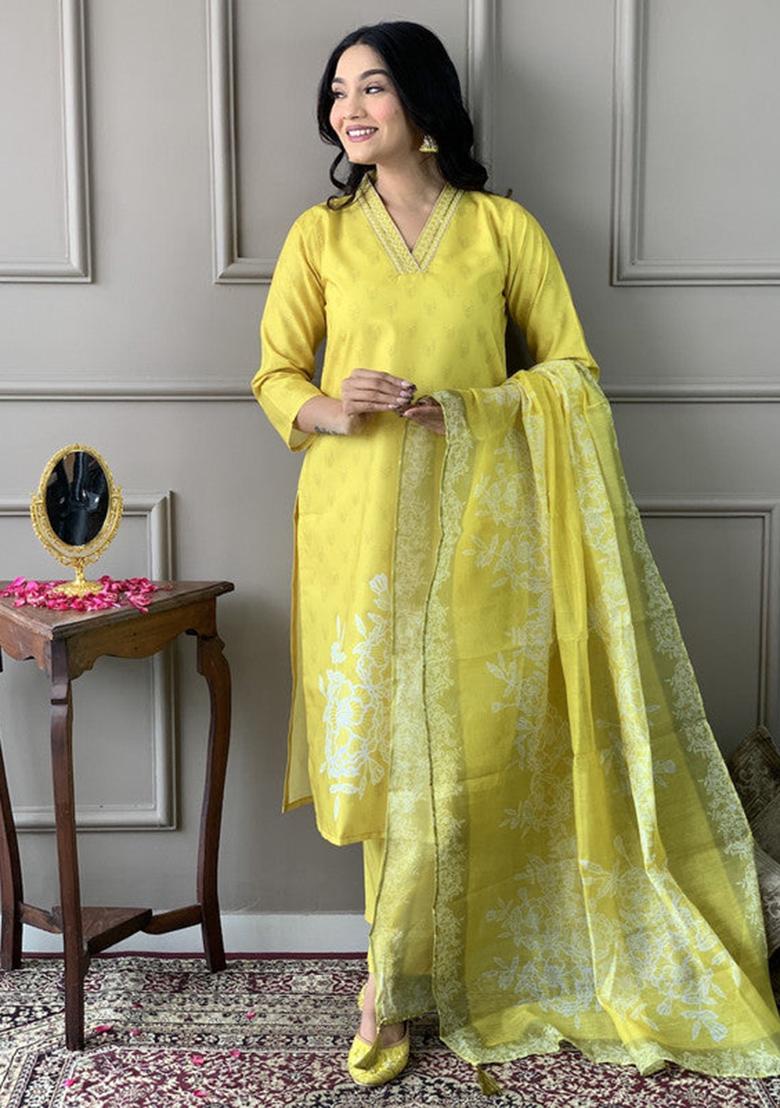 Yellow Embroidered Viscose Kurta Set