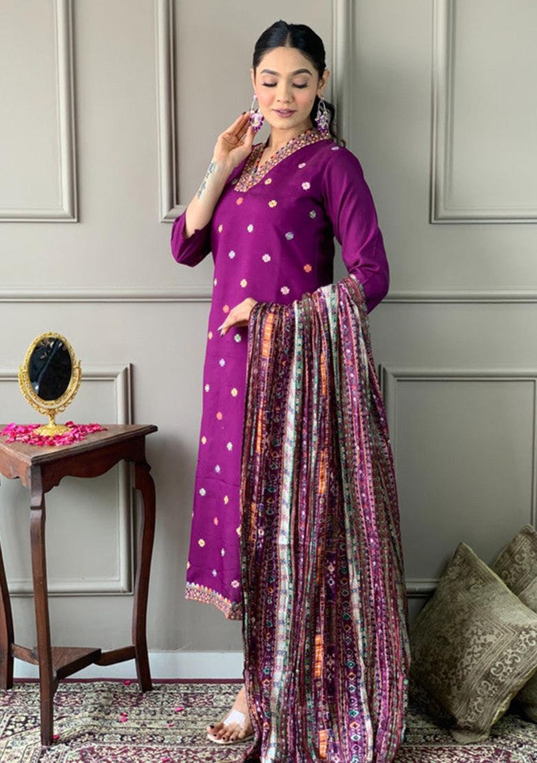 Purple Embroidered Viscose Kurta Set