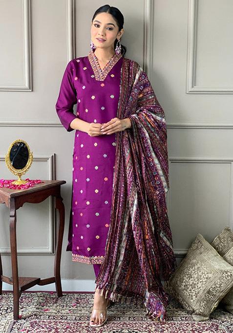 Purple Embroidered Viscose Kurta Set