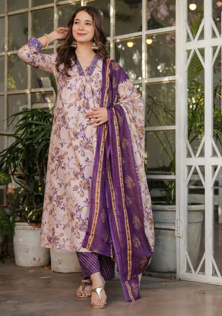 White Floral Print Cotton Straight Kurta Set - Indya