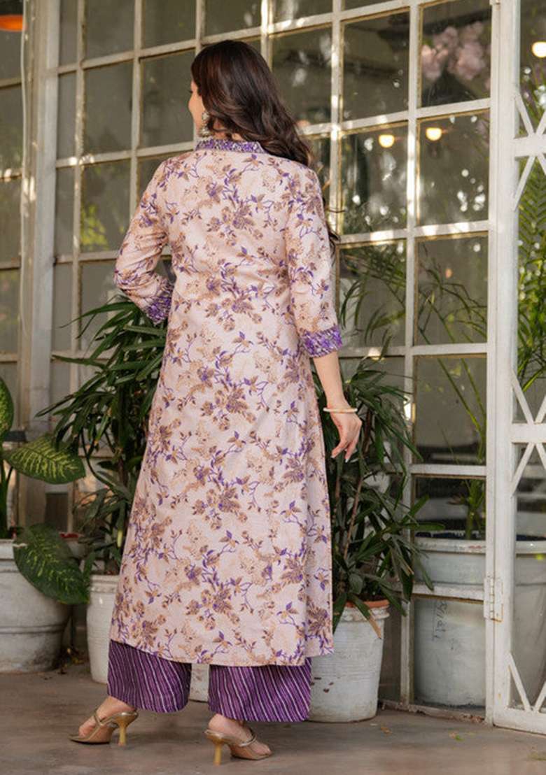 White Floral Print Cotton Straight Kurta Set - Indya