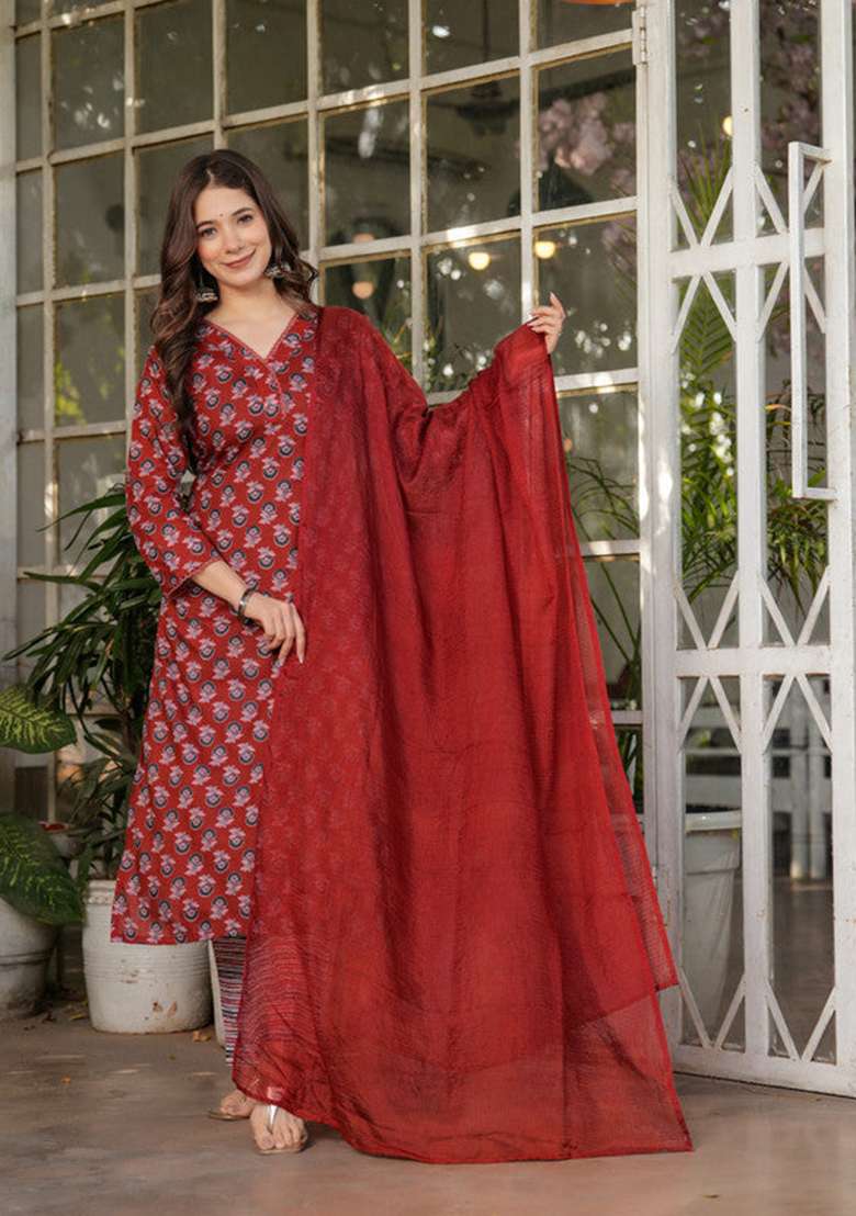 Maroon Printed Cotton Straight Kurta Set - Indya