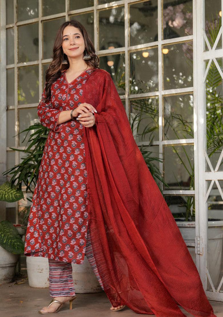 Maroon Printed Cotton Kurta Set