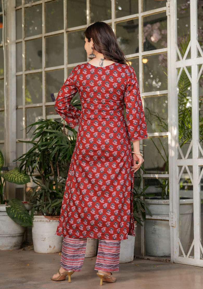 Maroon Printed Cotton Straight Kurta Set - Indya