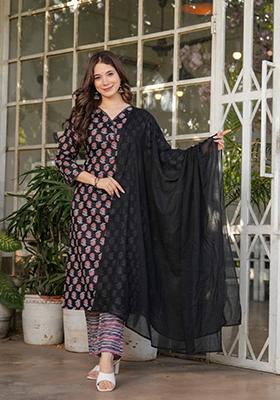 Black Printed Cotton Kurta Set