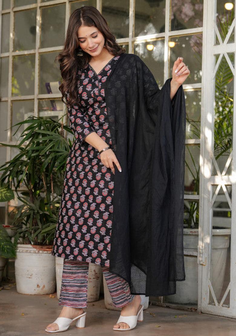 Black Printed Cotton Kurta Set