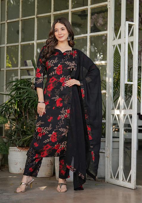 Black Printed Silk Kurta Set