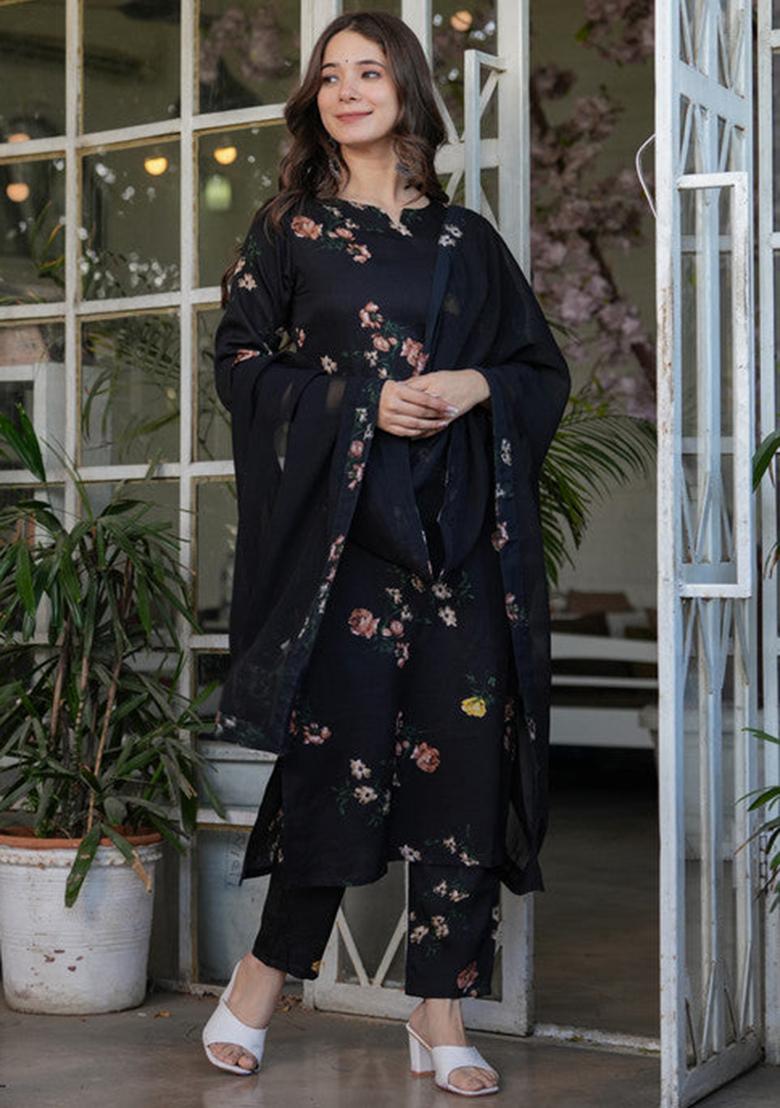 Black Printed Silk Kurta Set