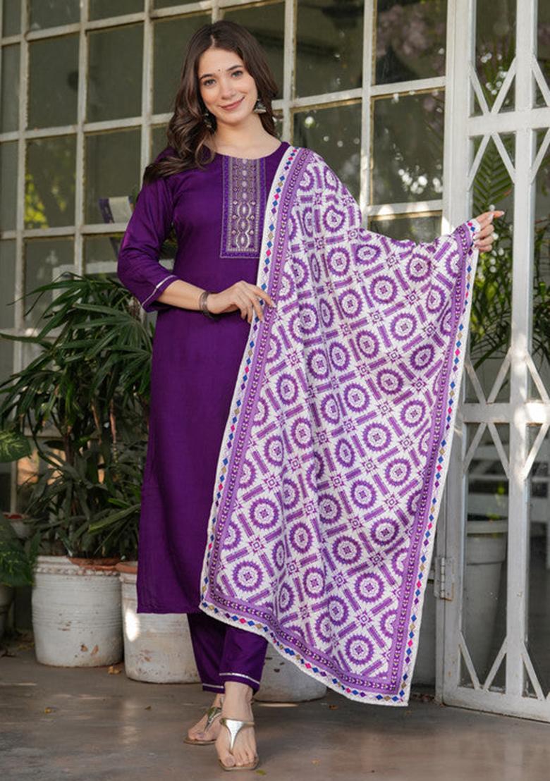 Maroon Embroidered Viscose Kurta Set