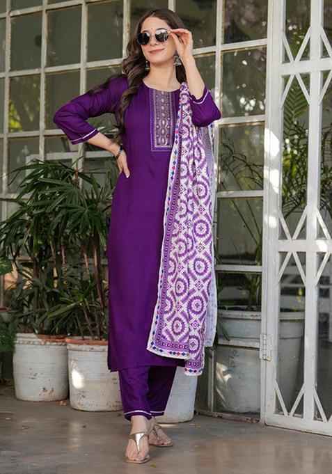 Maroon Embroidered Viscose Kurta Set