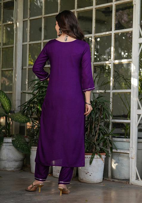 Maroon Embroidered Viscose Kurta Set