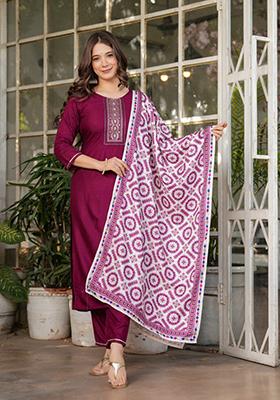 Maroon Embroidered Viscose Kurta Set