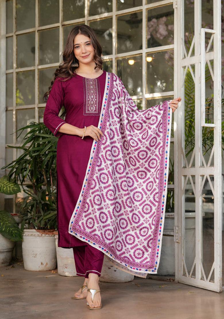 Maroon Embroidered Viscose Kurta Set