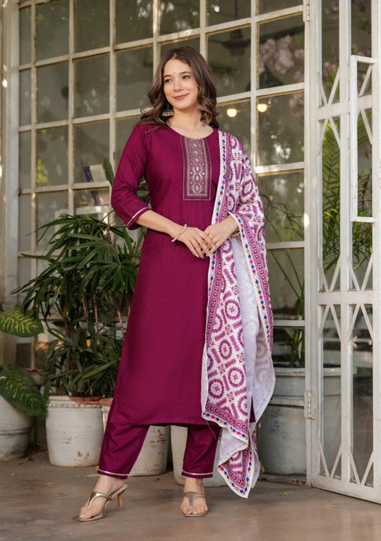 Maroon Embroidered Viscose Kurta Set