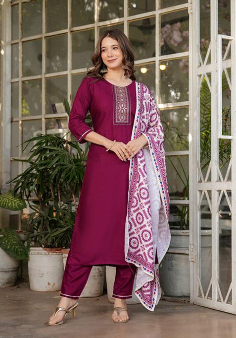 Maroon Embroidered Viscose Kurta Set