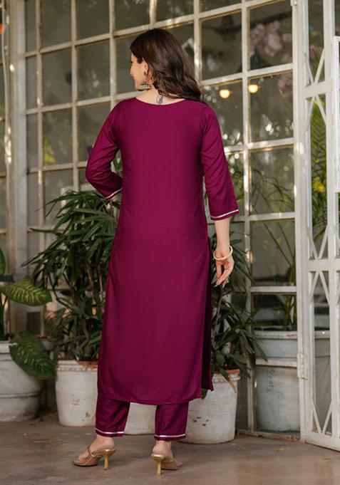 Maroon Embroidered Viscose Kurta Set