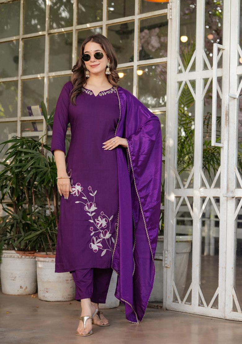 Maroon Embroidered Viscose Kurta Set