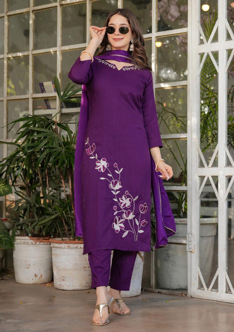 Maroon Embroidered Viscose Kurta Set