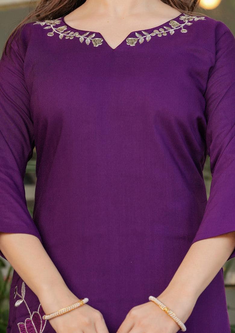 Maroon Embroidered Viscose Kurta Set