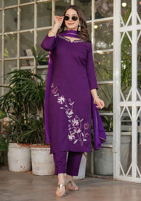 Maroon Embroidered Viscose Kurta Set