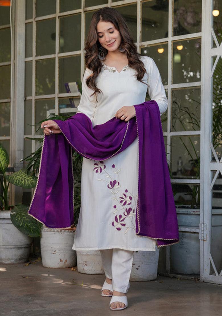 White Embroidered Viscose Kurta Set