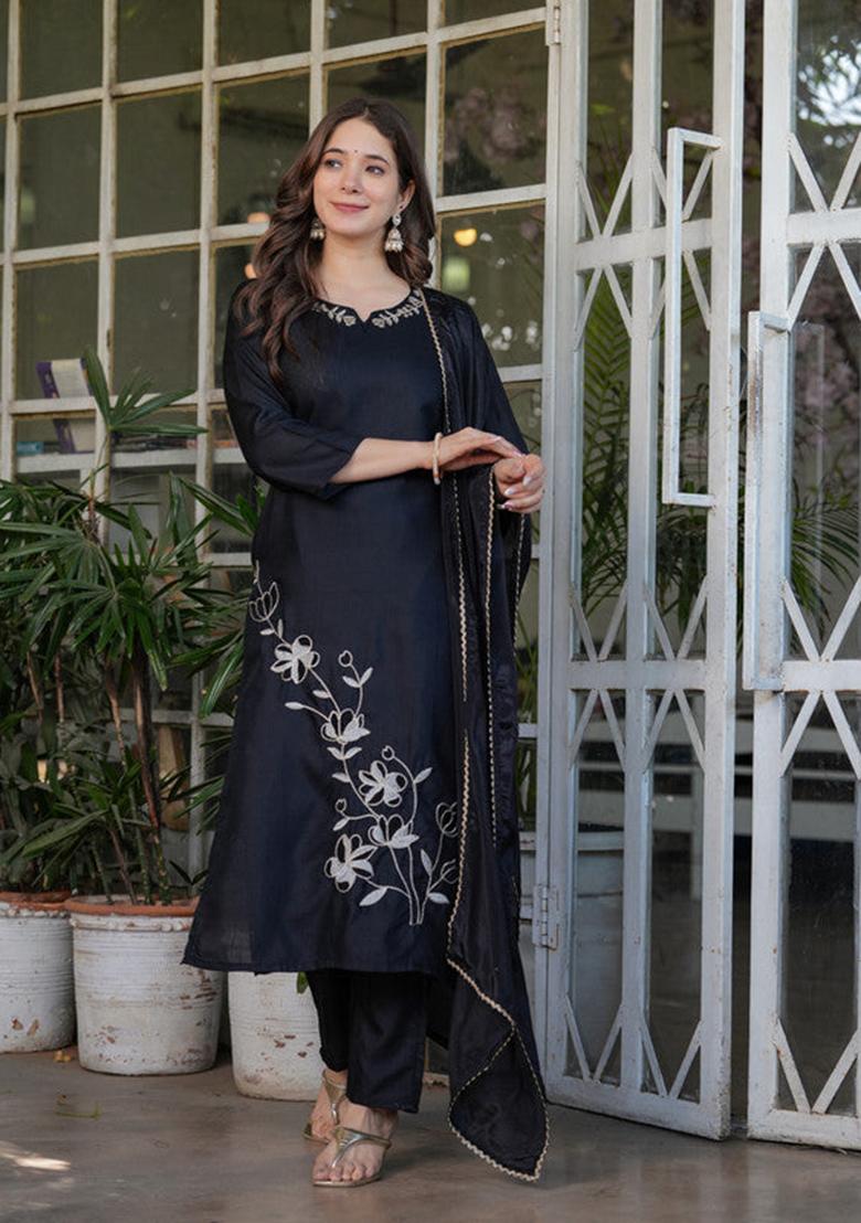 Black Embroidered Viscose Kurta Set