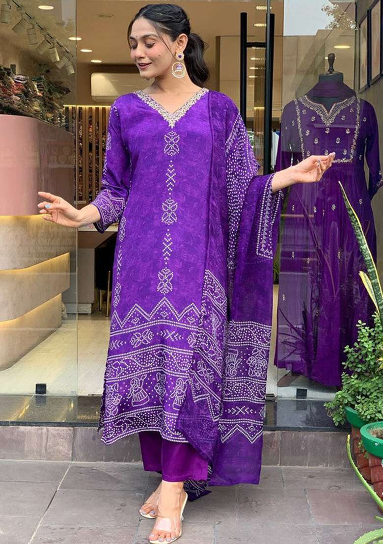 Purple Printed Crepe Straight Kurta Set - Indya