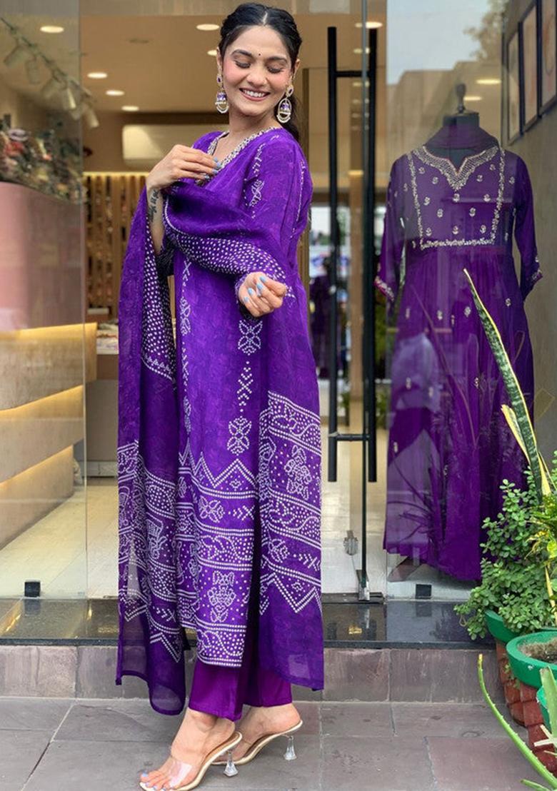 Purple Embroidered Crepe Kurta Set