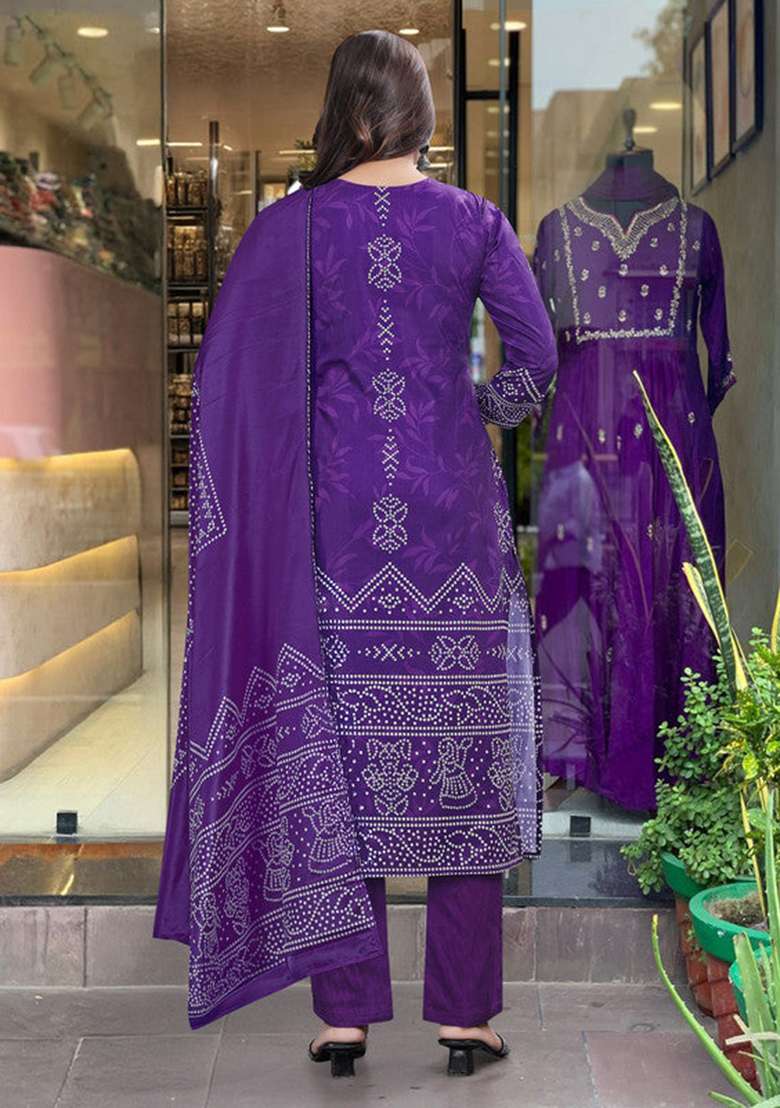 Purple Printed Crepe Straight Kurta Set - Indya