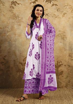 Purple Printed Cotton Kurta Set