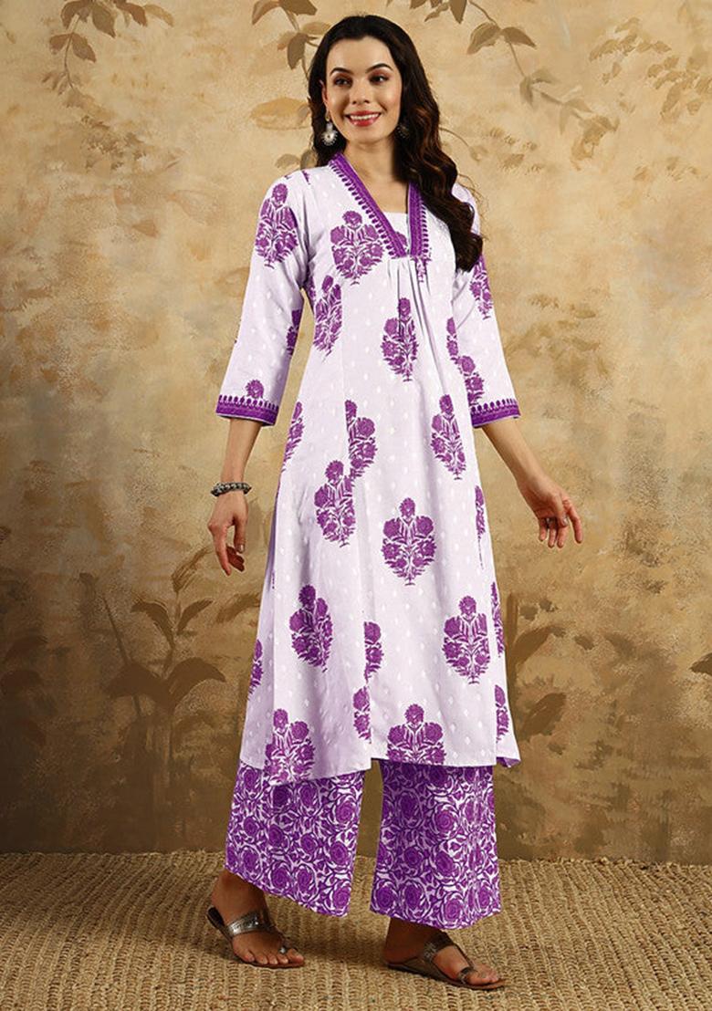 Purple Printed Cotton Kurta Set