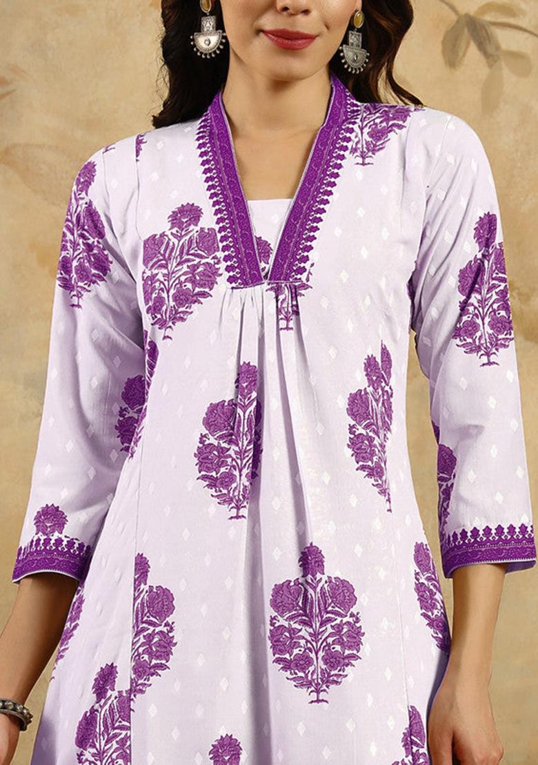 Purple Printed Cotton Kurta Set