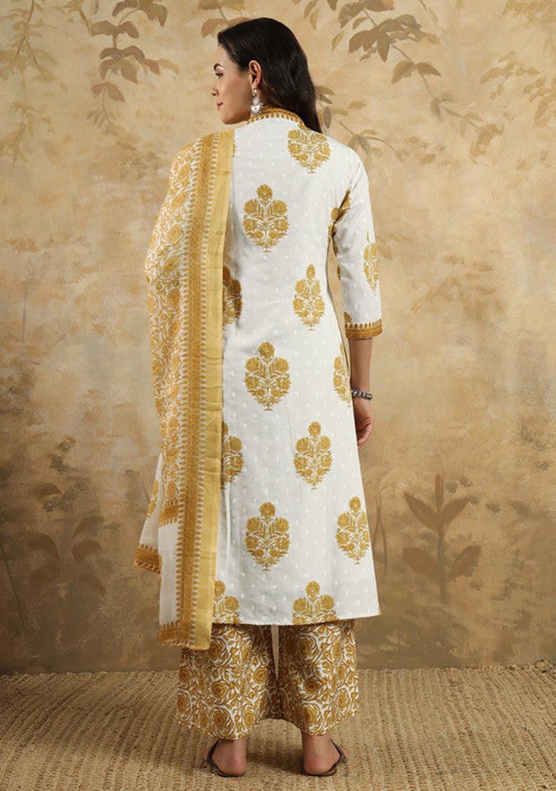 Mustard Printed Cotton Kurta Set