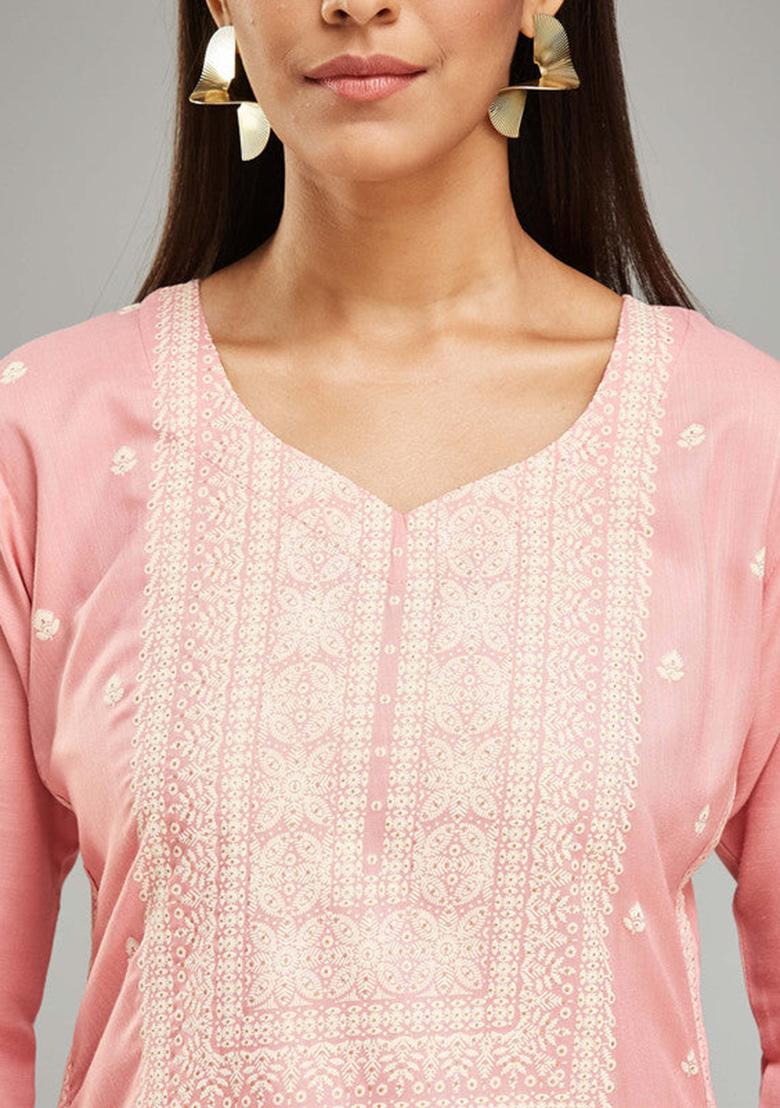 White Printed Rayon Kurta Set