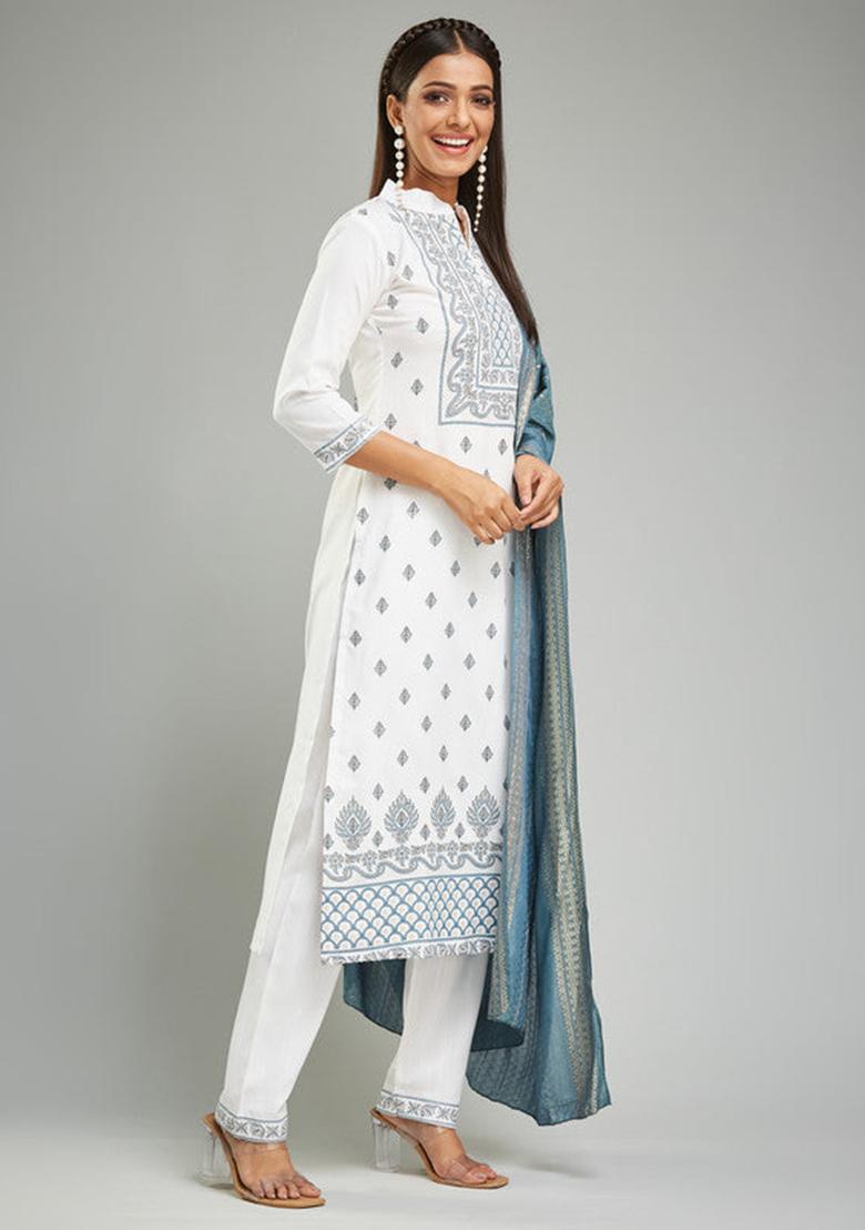 White Printed Rayon Kurta Set