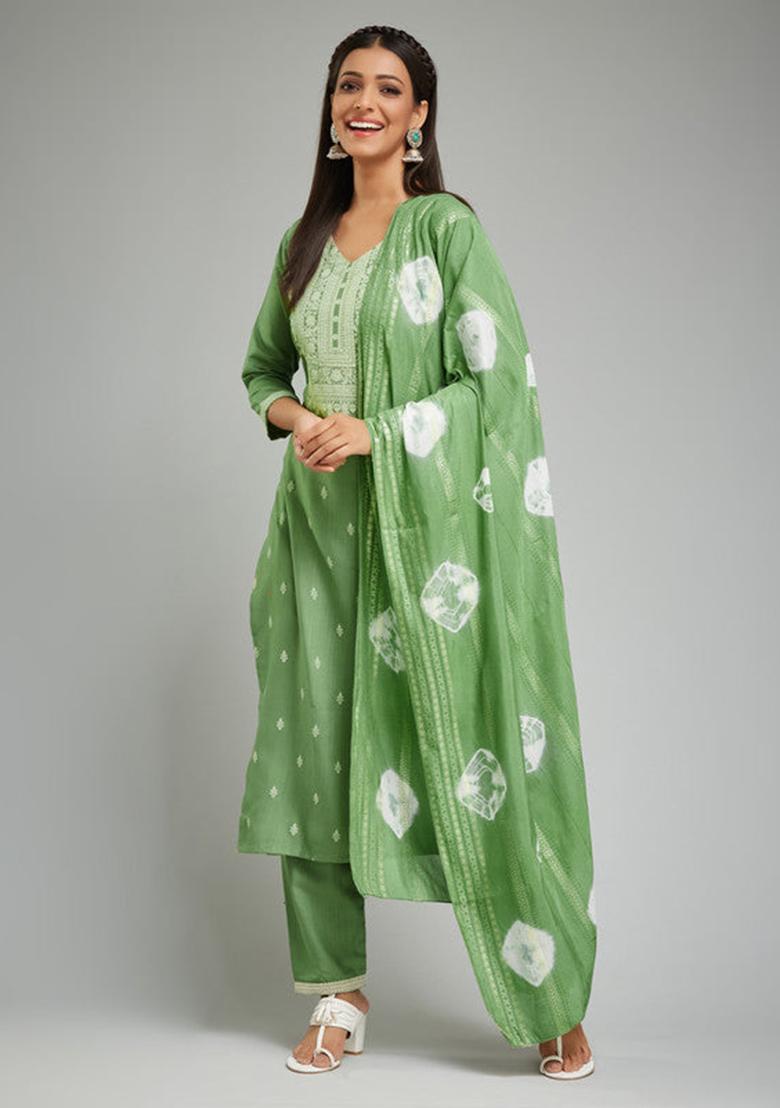 Pista Green Printed Rayon Kurta Set