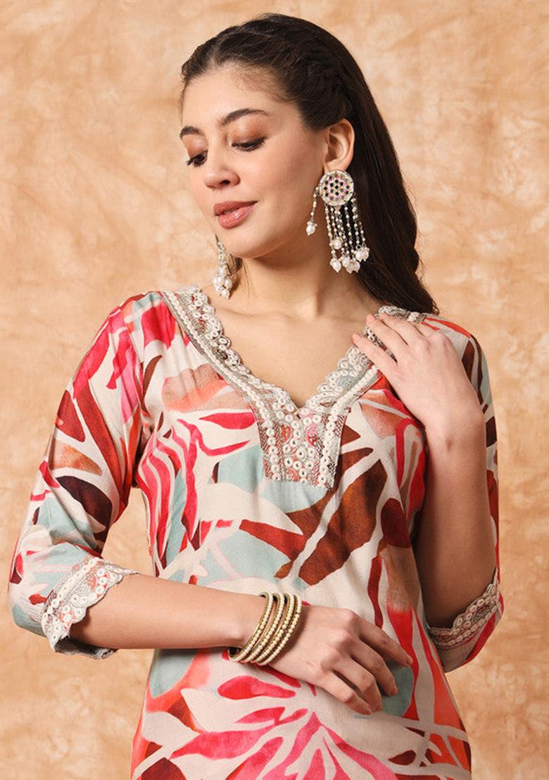 Multicolor Embroidered Rayon Kurta Set