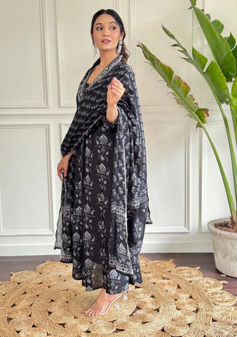 Black Printed Cotton Kurta Set