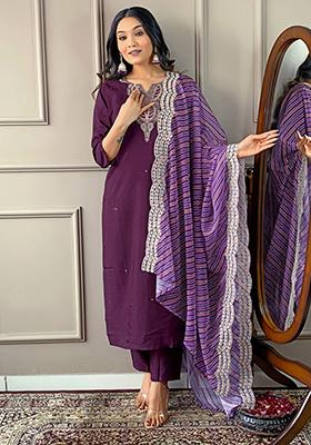 Maroon Embroidered Viscose Kurta Set