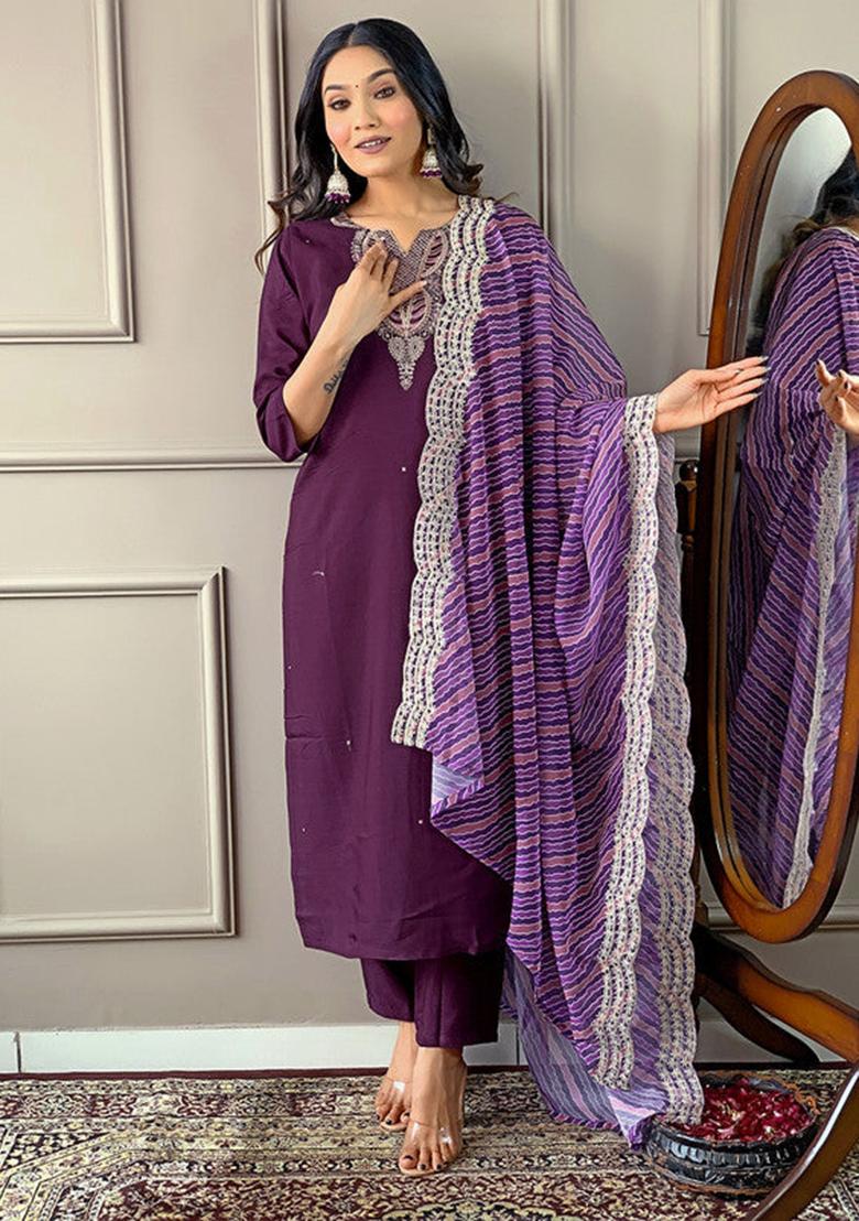 Maroon Embroidered Viscose Kurta Set