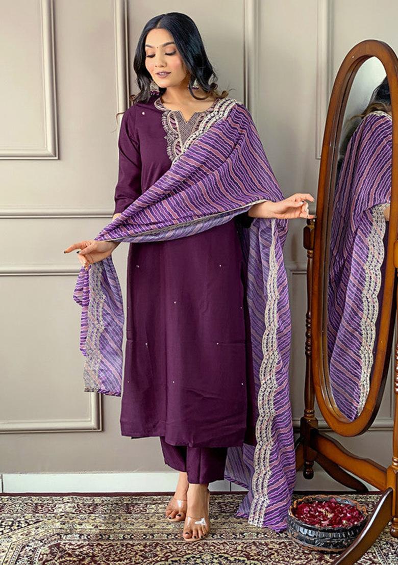 Maroon Embroidered Viscose Kurta Set
