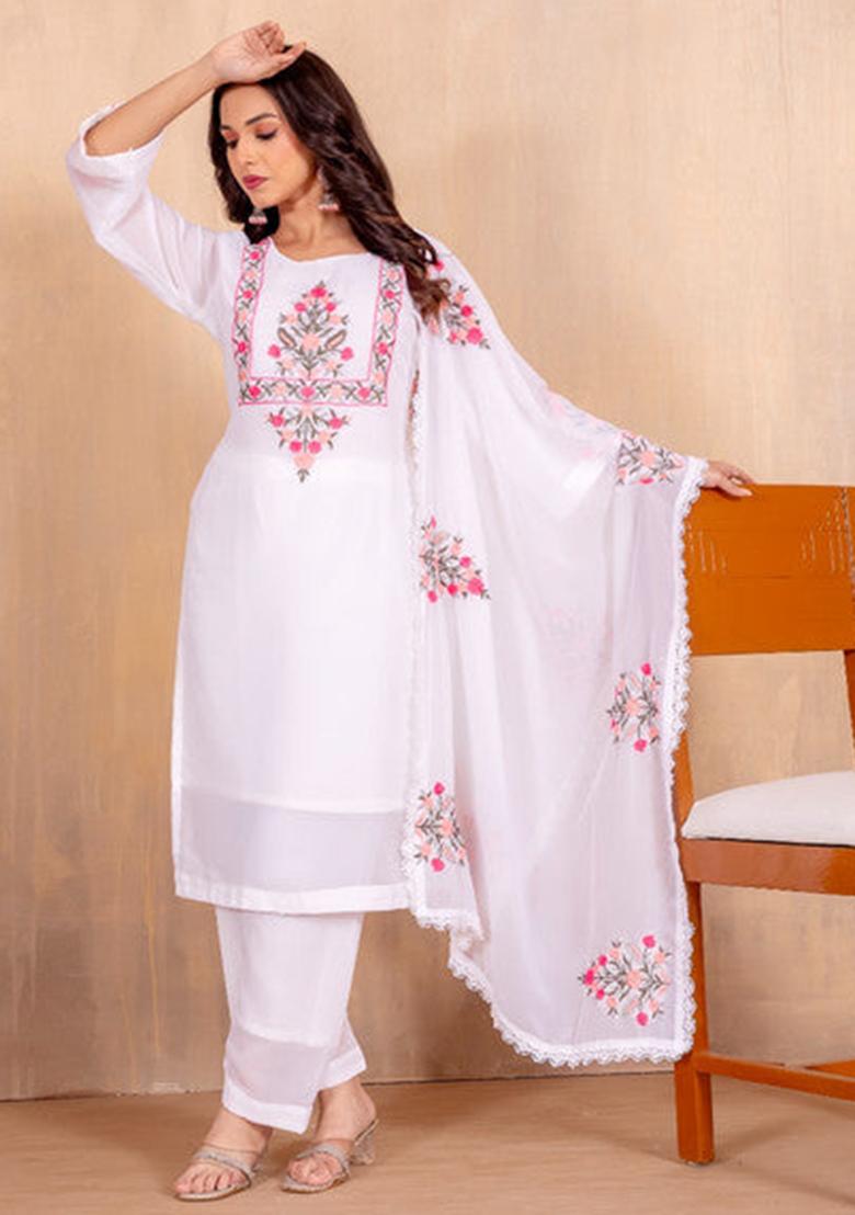 White Embroidered Georgette Kurta Set