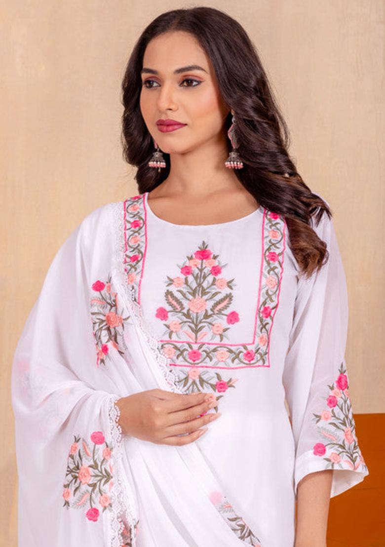 White Embroidered Georgette Kurta Set