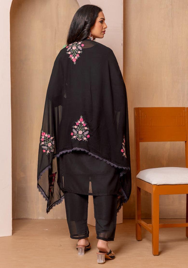 Black Embroidered Georgette Kurta Set