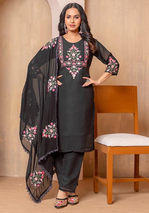 Black Embroidered Georgette Kurta Set