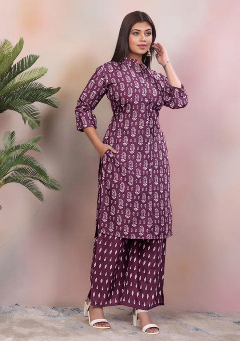 Maroon Printed Rayon Kurta Set