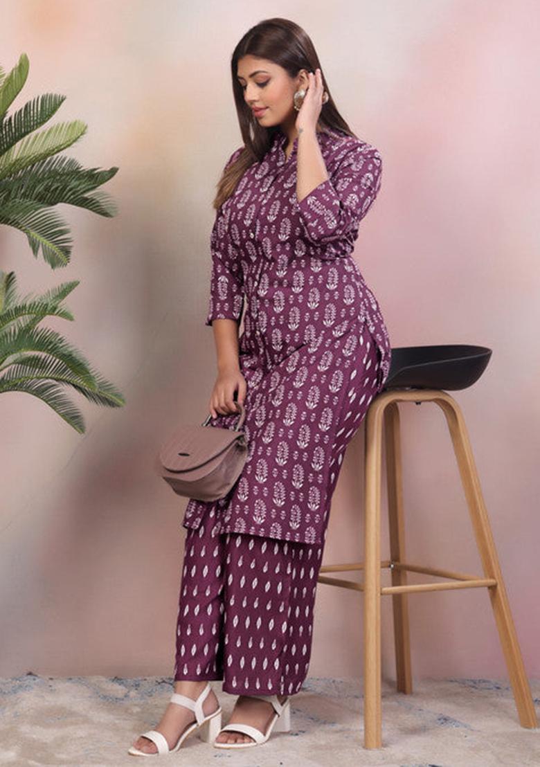 Maroon Printed Rayon Kurta Set
