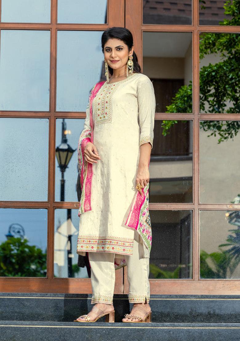 White Embroidered Cotton Kurta Set