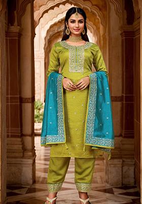 Olive Green Embroidered Vichitra Kurta Set