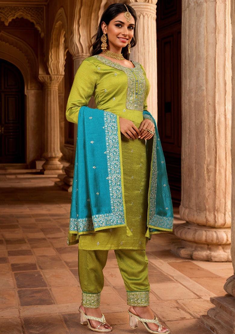 Olive Green Embroidered Vichitra Kurta Set